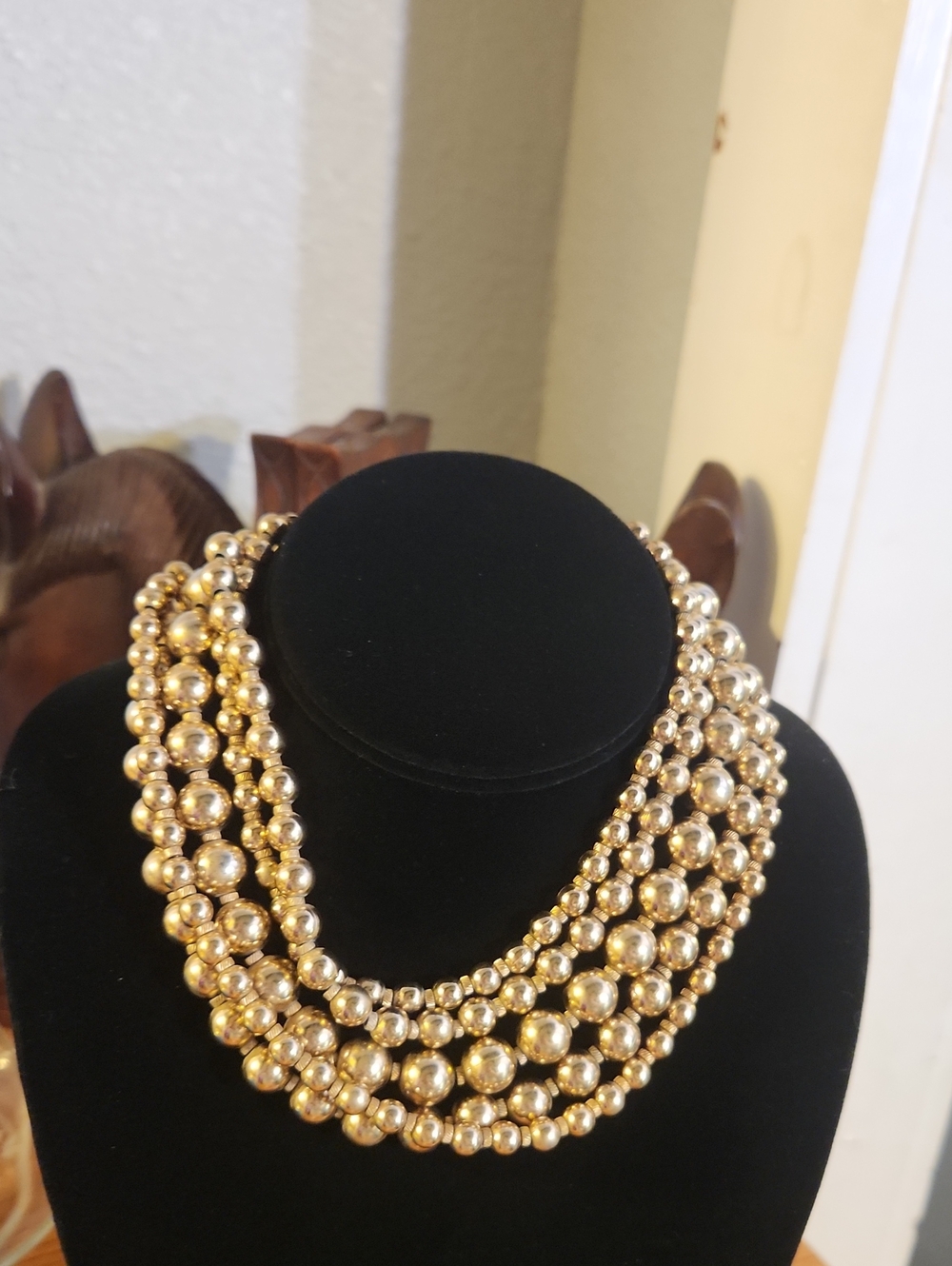 VTG Monet Signed 5 Strand Gold Bead Statement Bib Necklace 1970s
